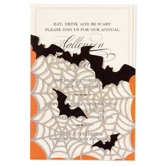 Bats and Spider Web Glittered Die-cut Pocket Invitations
